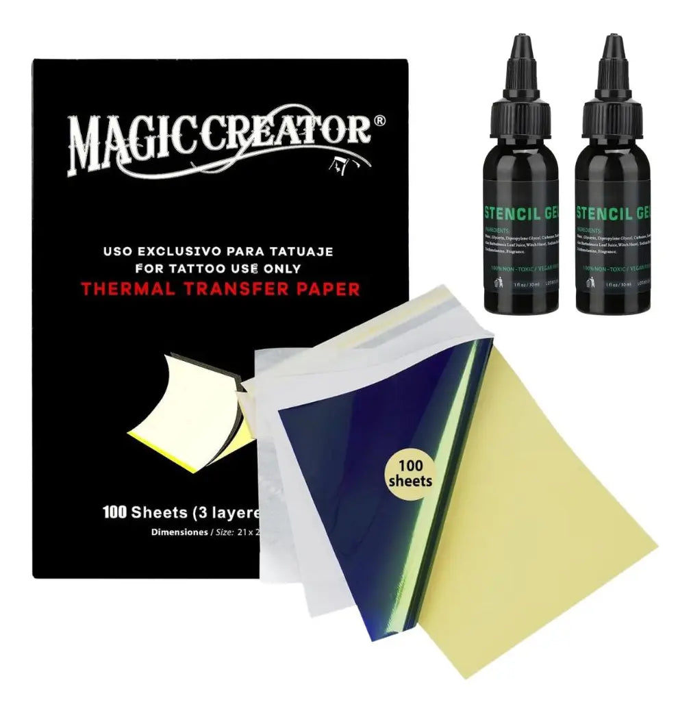 Insumos Tatuaje Papel Hectográfico 100pz + 2 Stencil 1oz