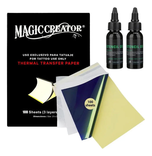 Insumos Tatuaje Papel Hectográfico 100pz + 2 Stencil 1oz